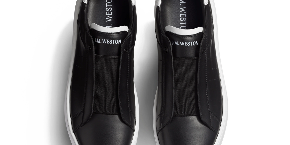 On Time Slip On Sneaker [Black soft calfskin with white details
