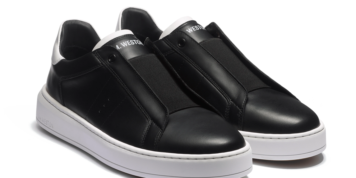 On Time Slip On Sneaker [Black soft calfskin with white details 